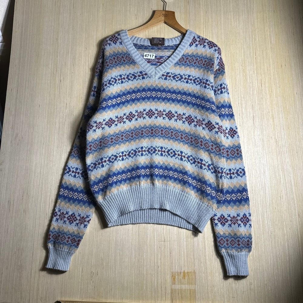 Vintage Horizon Pullover Sweater Mens Medium Blue V Neck Knit Stripped 90s